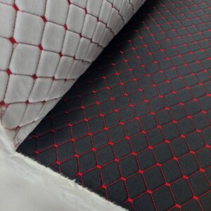 Quilted material with red thread for car seat with foam – black